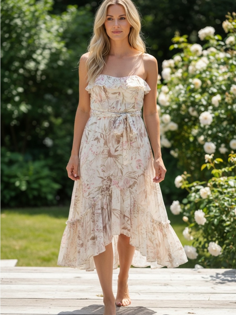 Anthropologie Ivory Floral Ruffle Midi Dress
